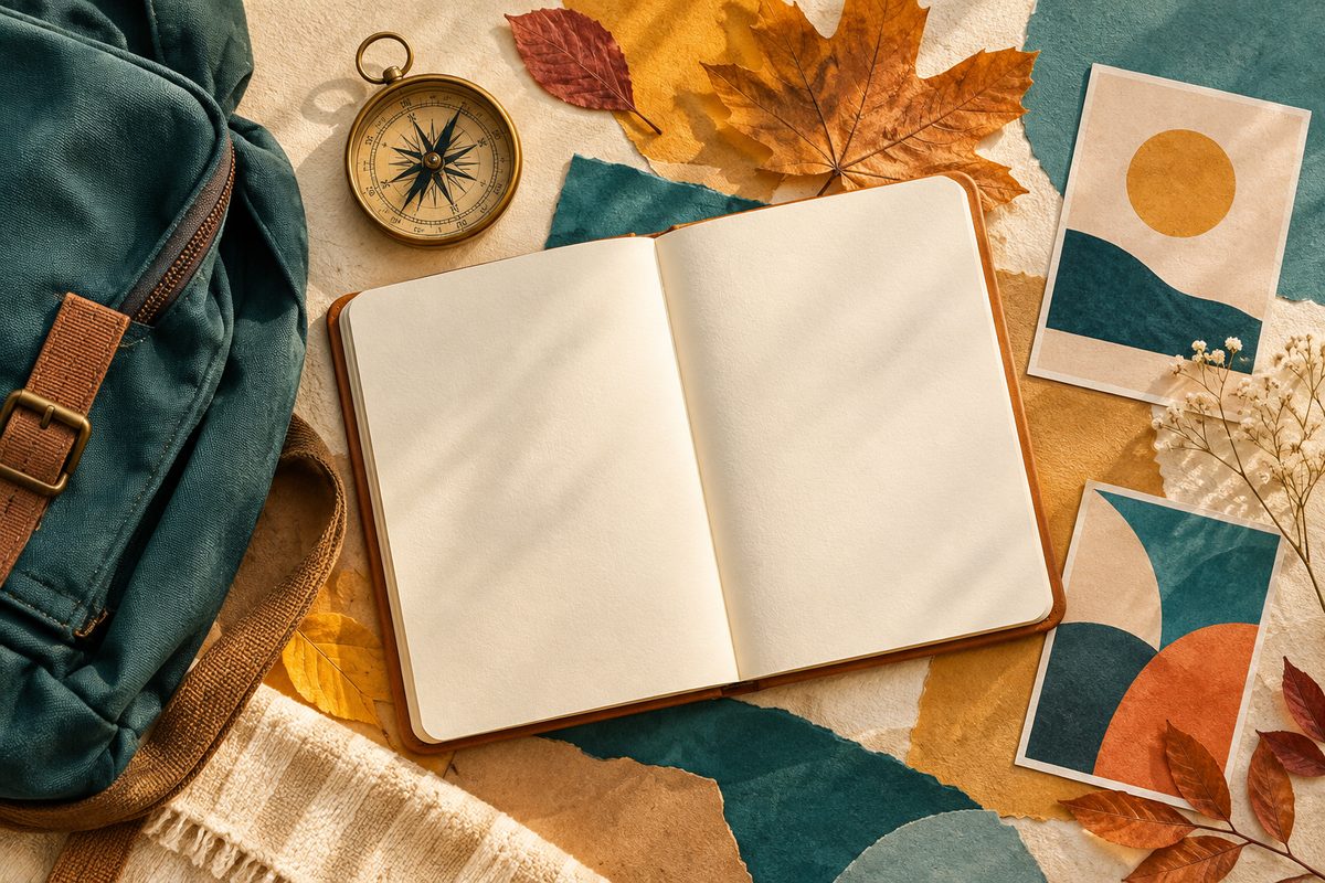An open blank journal beside a brass compass, a backpack and autumn leaves on a warm, textured background.